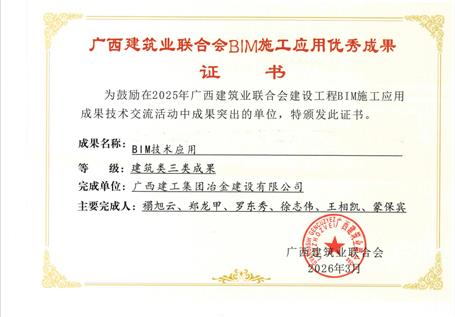 【喜讯】冶建第十分公司荣获BIM施工应用三类成果